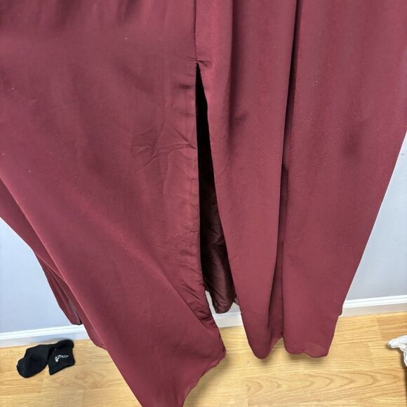 Azazie A20 1 Shoulder Maroon Lace Chiffon Bridesmaid Dress Pockets Slit Lined - Picture 4 of 9